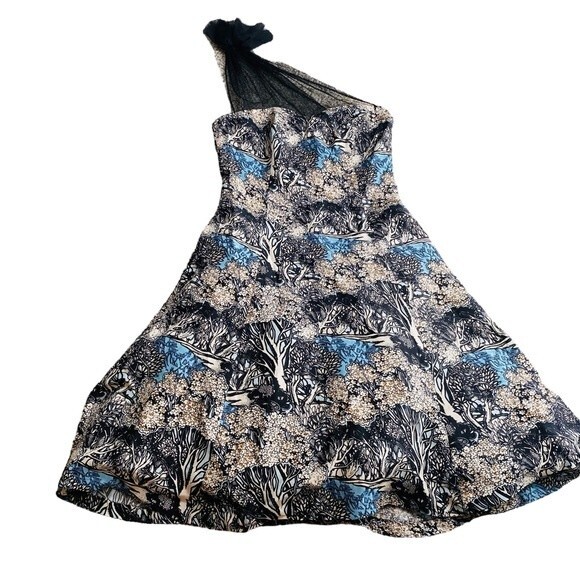 Plenty by Tracy Reese Size 2 Into the Woods Silk Dress Blue Black One Shoulder - Picture 2 of 9